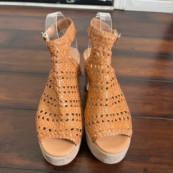 Pons Quintana Women Tan Woven Leather Chunky Platform Block Heel Sandals Size 40 - Picture 2 of 11